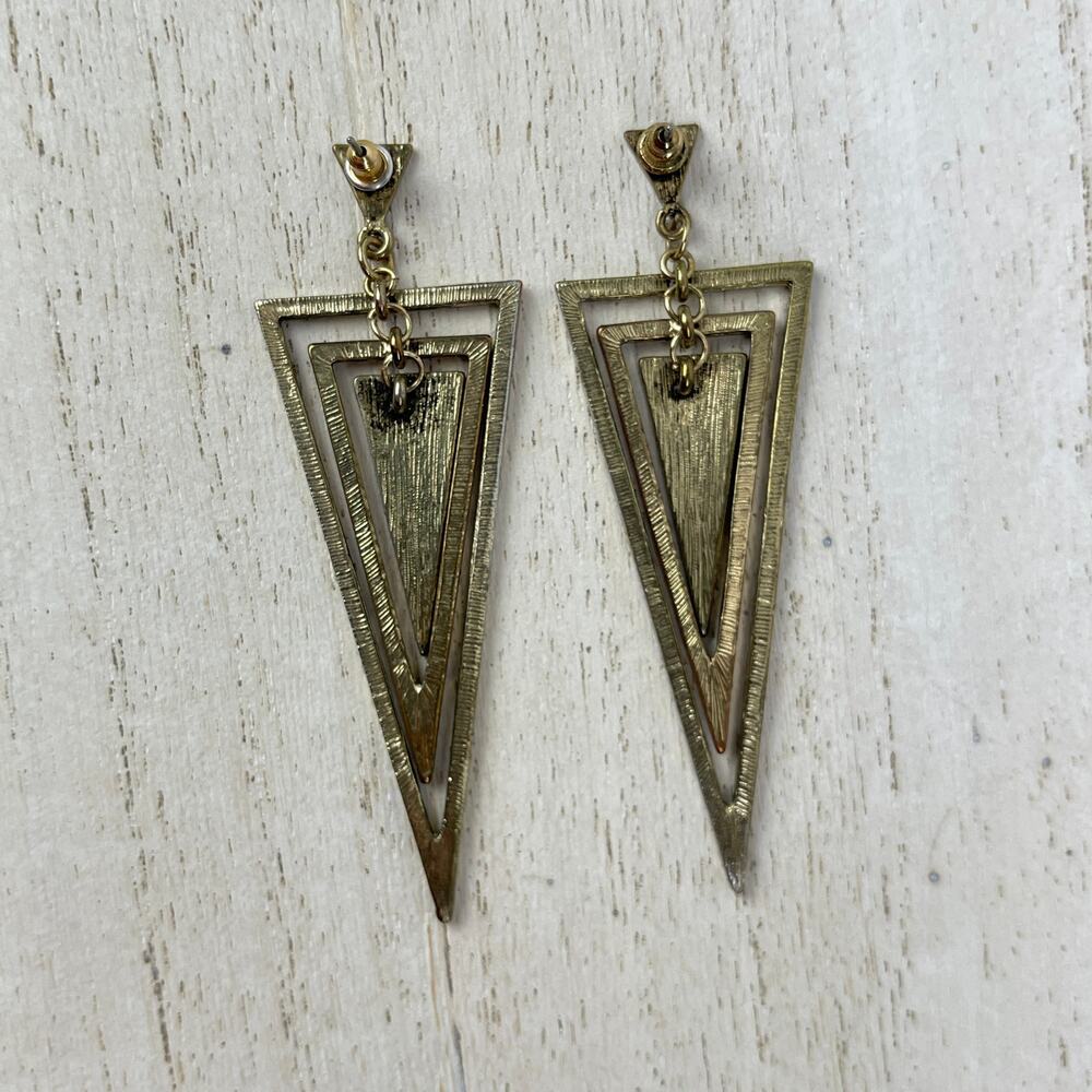 Gold Tone Tiered Triangle Cairo Dangle Earrings Black Geo Geometric Boho Jewelry - Picture 8 of 16
